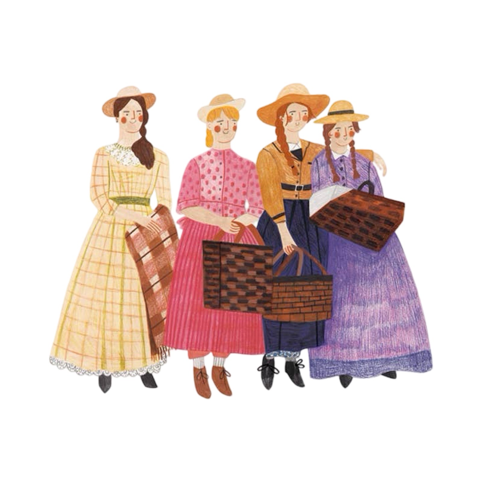 This art print features an illustration of the four main characters from Little Women (the book by Louisa May Alcott), against a white background.