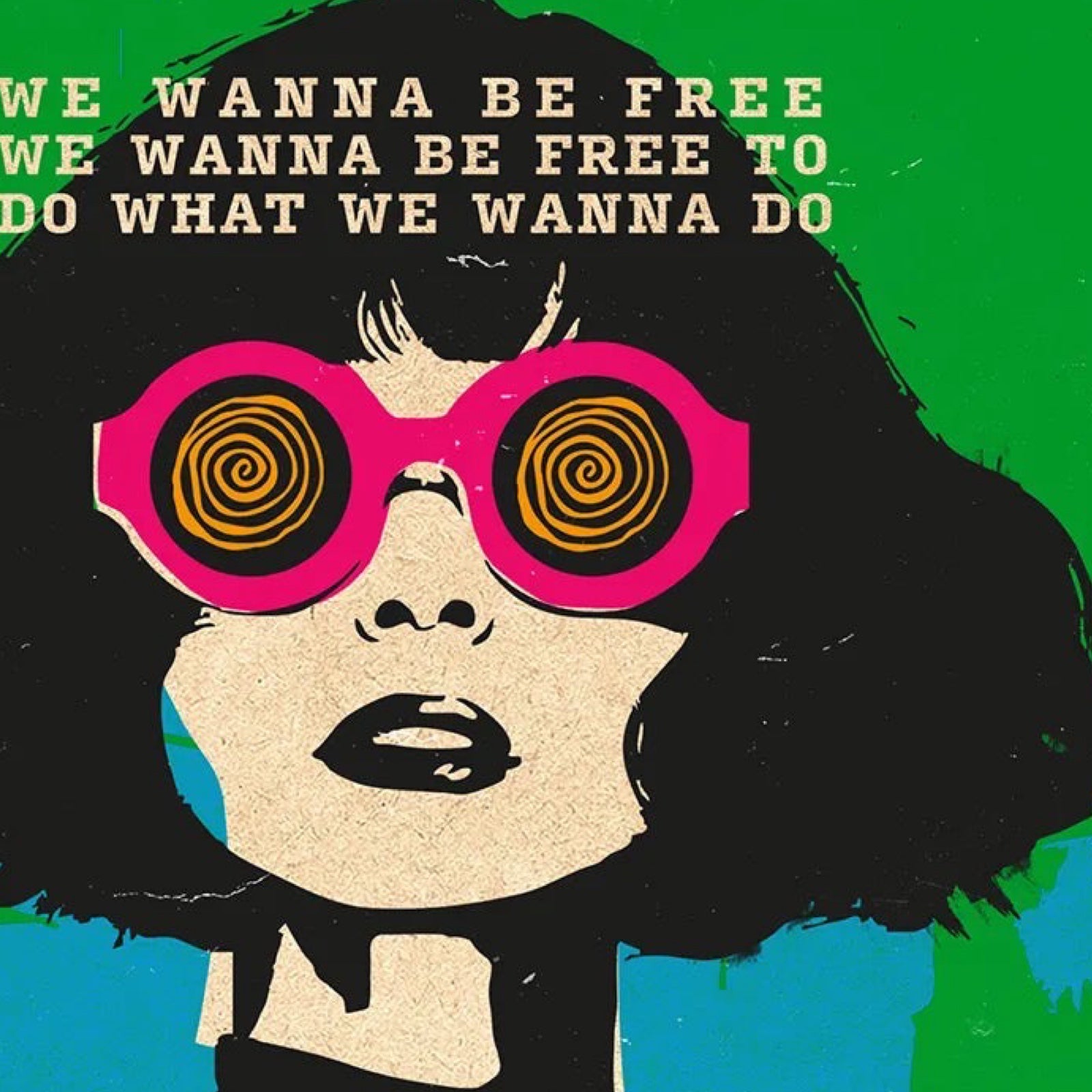 This print features a book cover design with a ladies head wearing psychedelic sunglasses.