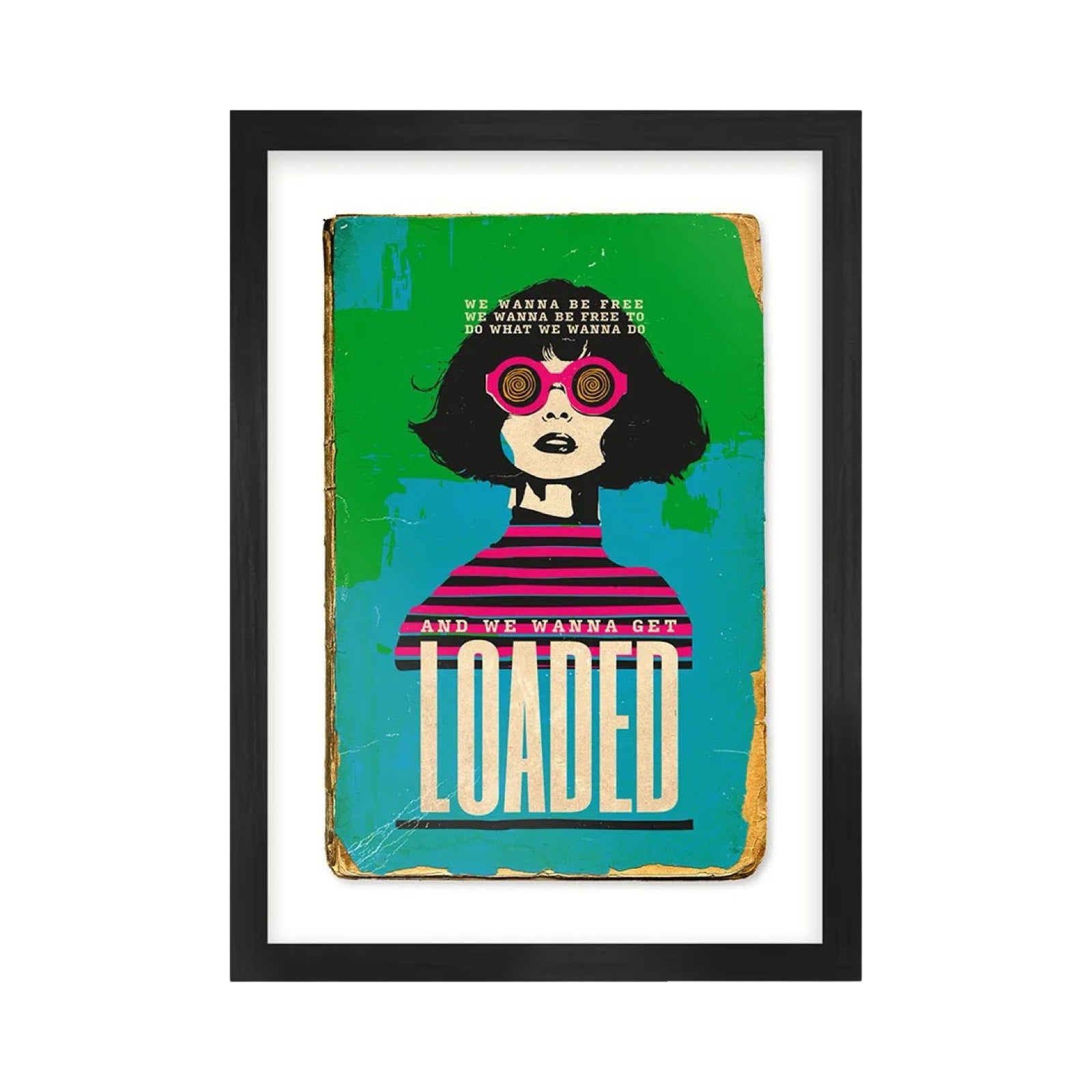 This print features a book cover design with a ladies head wearing psychedelic sunglasses.