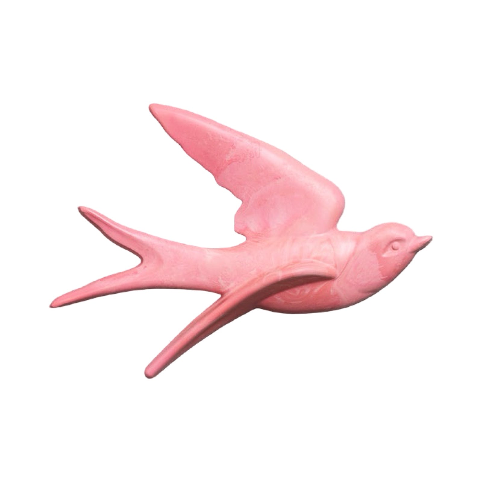 Pink ceramic bird figurine on a white background.
