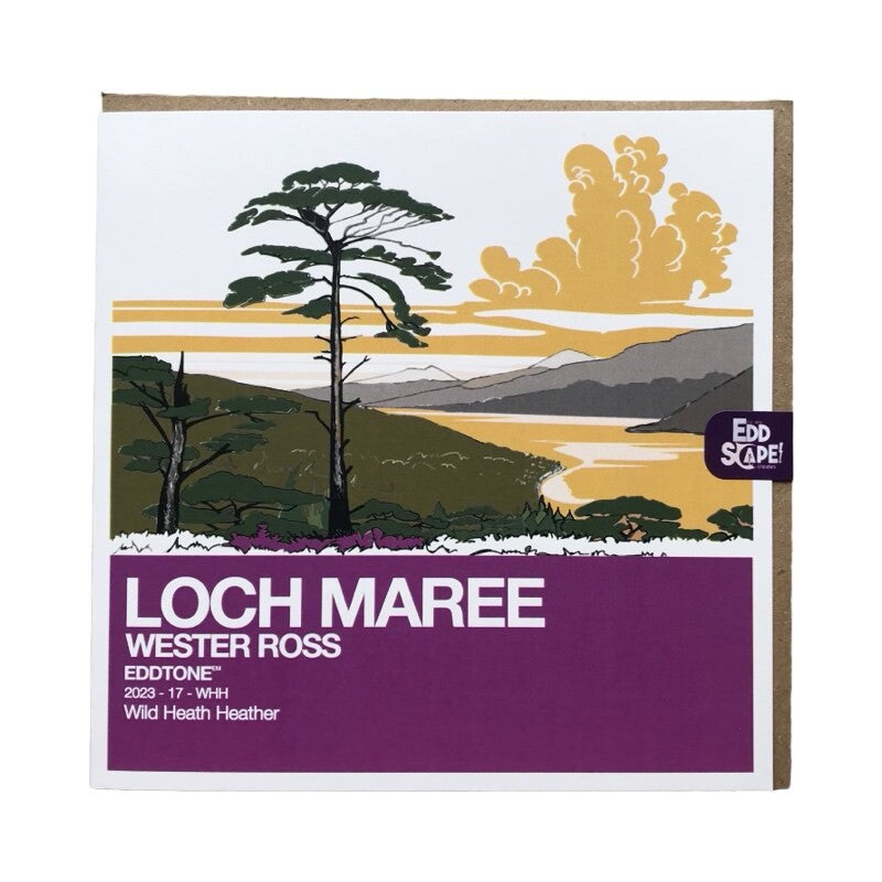 Square card featuring an illustration of Loch Maree in Wester Ross, Scotland