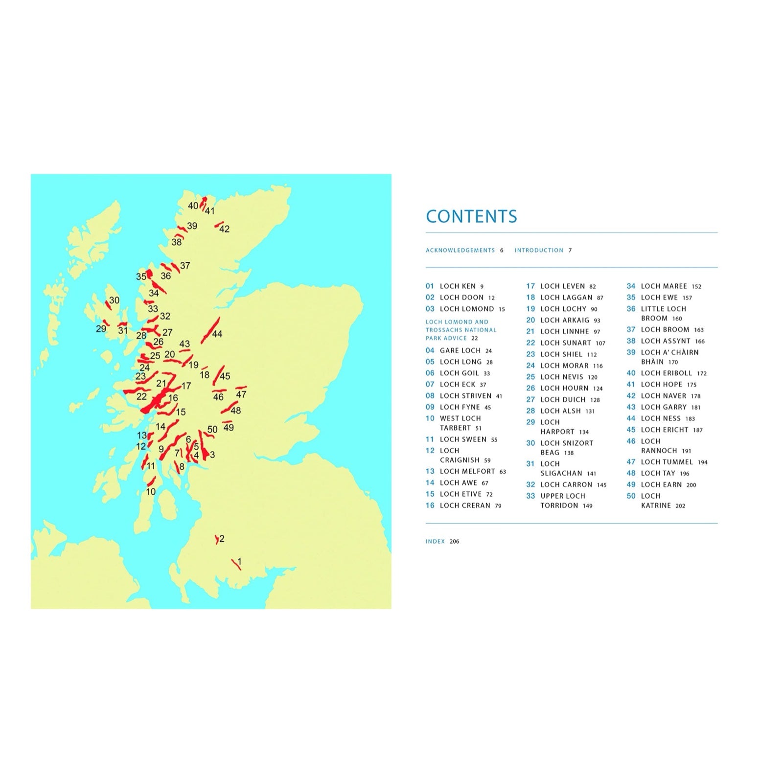 Inside of Lochs of Scotland book, contents page.