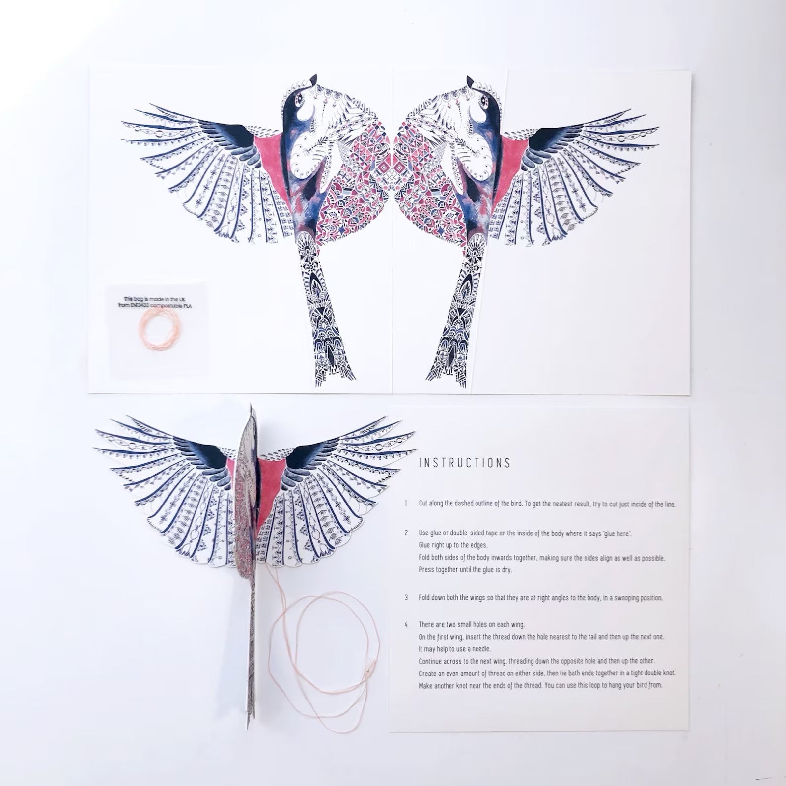 Instructions for assembling a paper bird model on a white background.