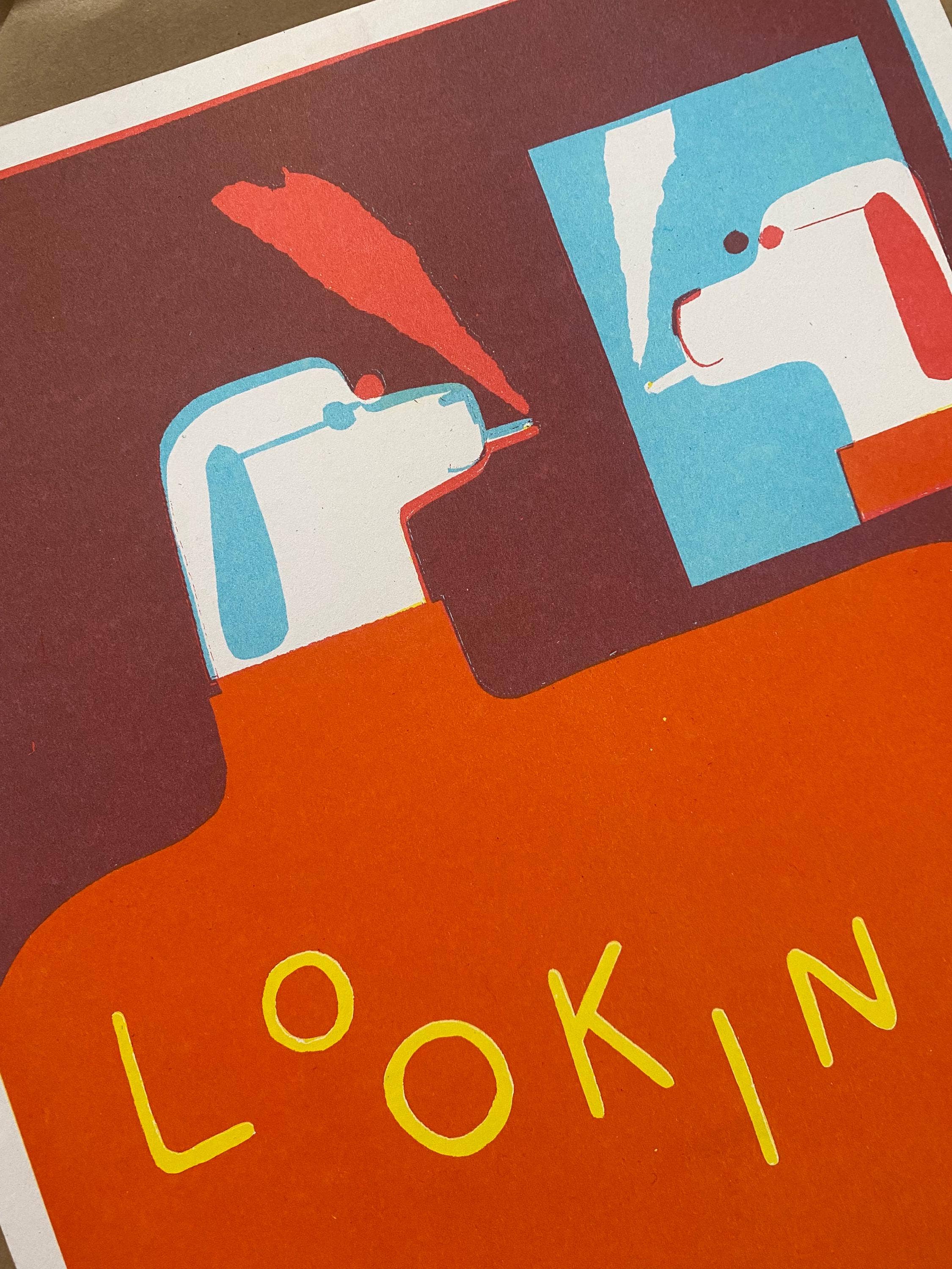 Illustration of a dog looking into a mirror with 'LOOKIN' text on a red background