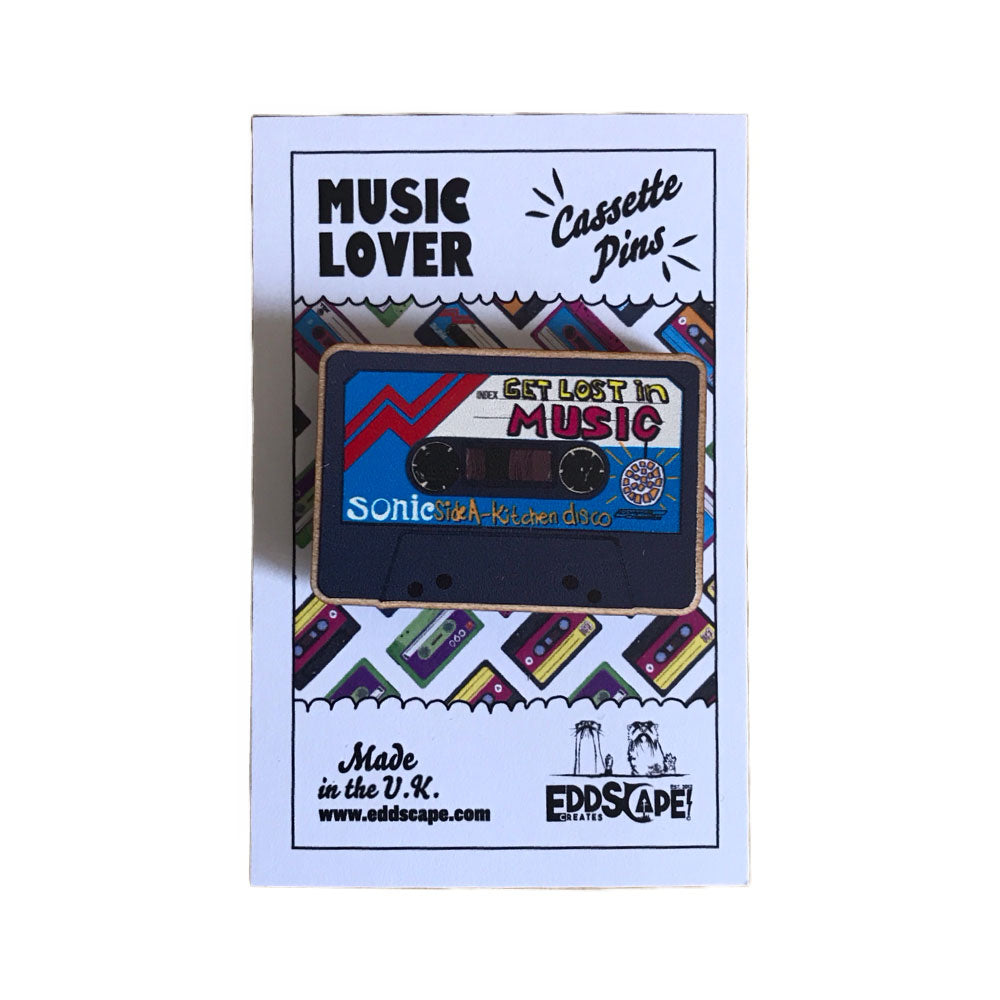 Music Lover Pin badge featuring an illustration of a classic cassette mixtape titled - Lost In Music