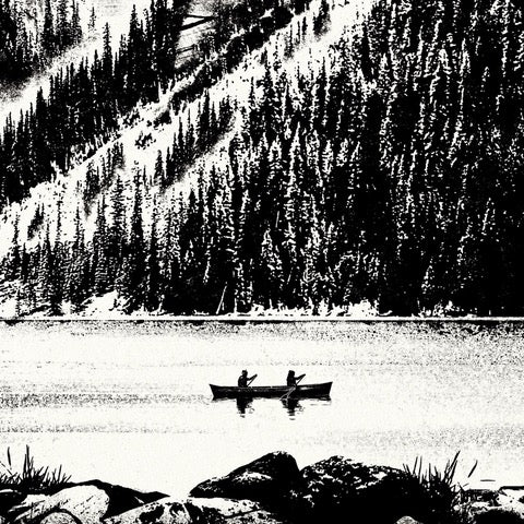 Monochrome print featuring a two-man canoe being paddled down a river with mountains behind and a mustard-coloured moon in the sky.
