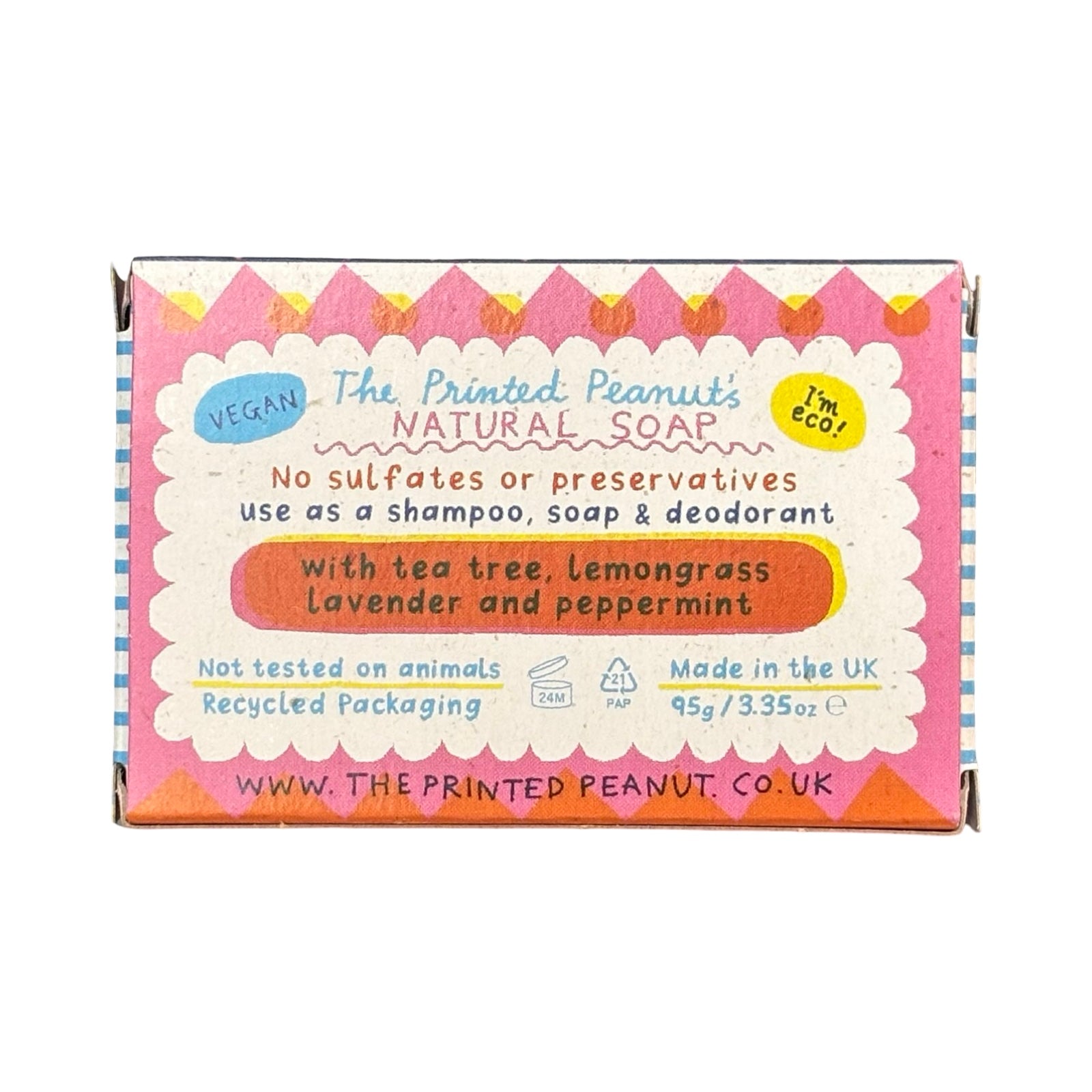 Box of natural soap with tea tree, lemongrass, lavender, and peppermint ingredients on a white background.