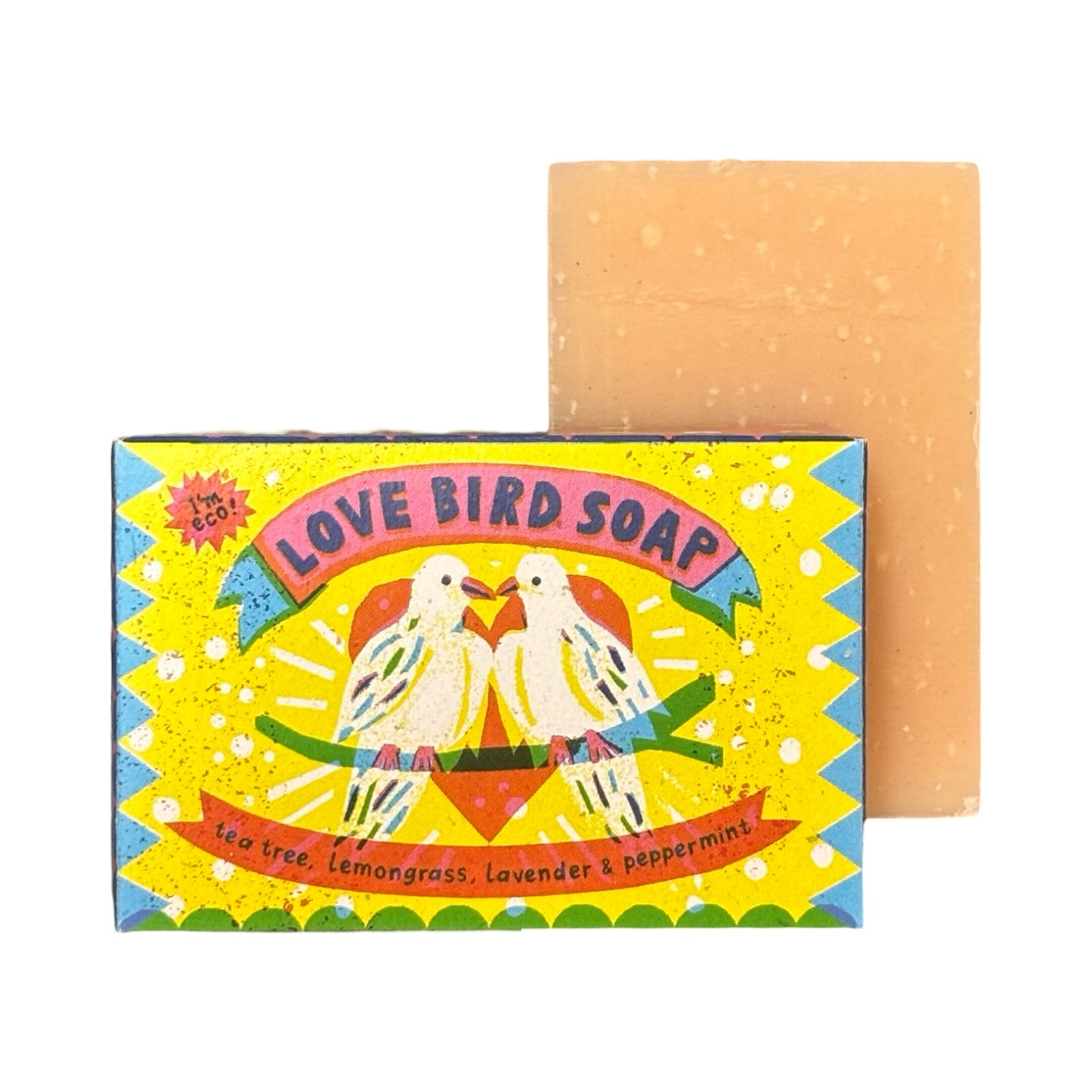 Love Bird Soap with colorful packaging on a white background.