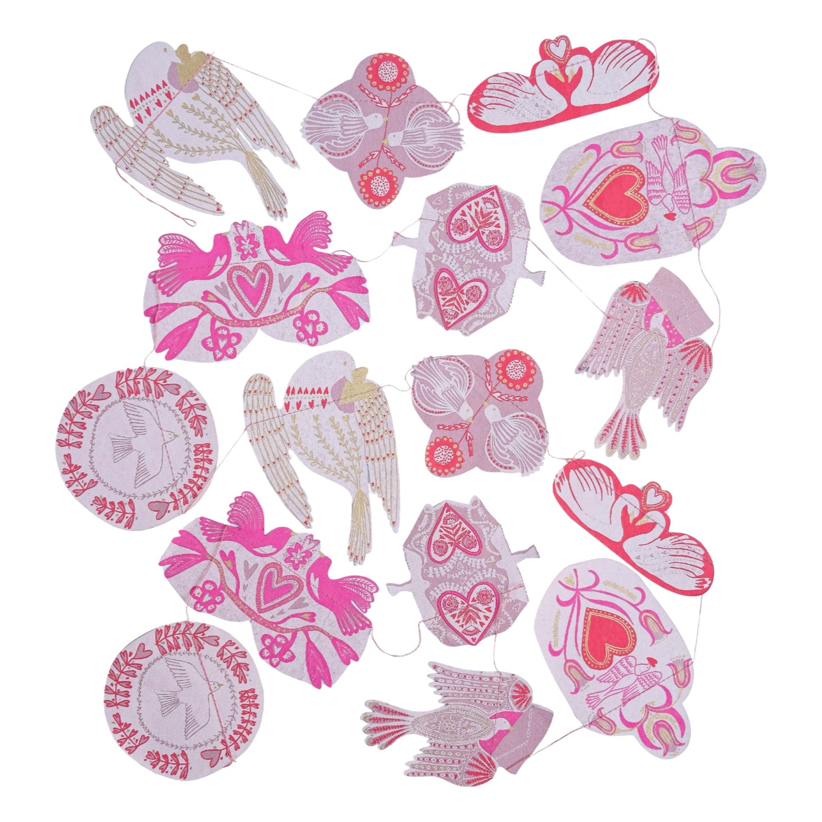 A paper garland with sixteen screen-printed folk bird designs in shades of pink, red and white.