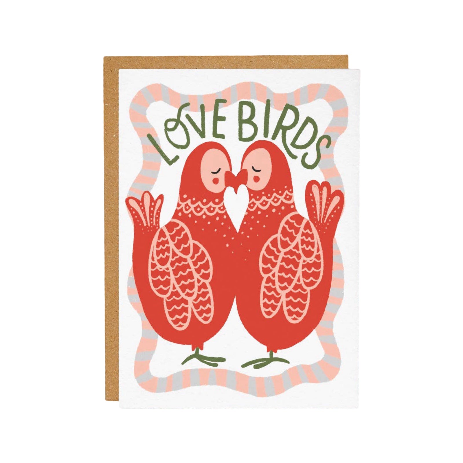 Card with two red birds holding hands and 'Love Birds' text on a white background.