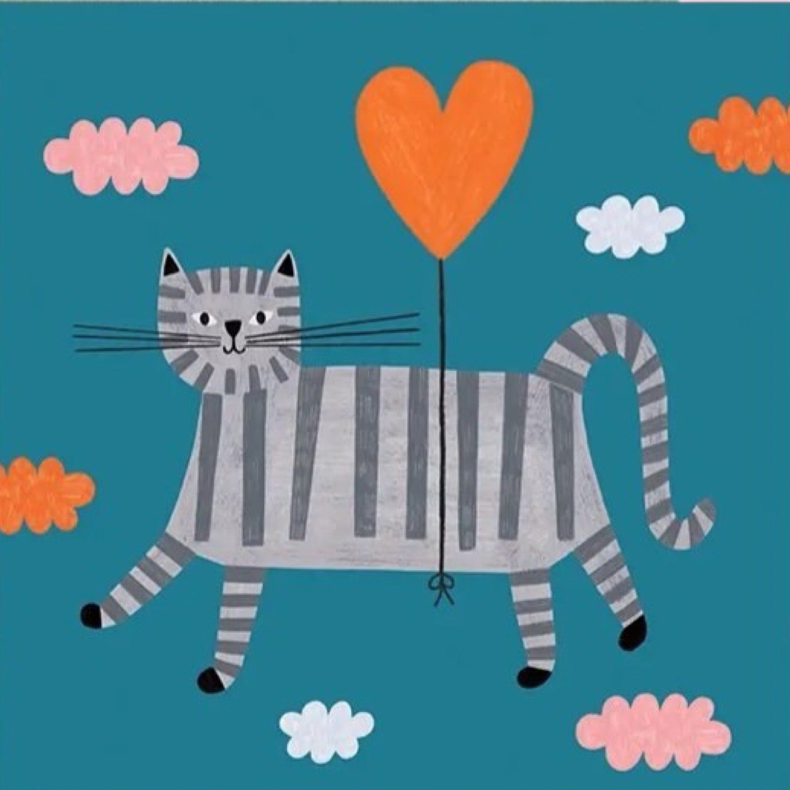 Cartoon cat holding an orange heart balloon against a blue background with clouds.