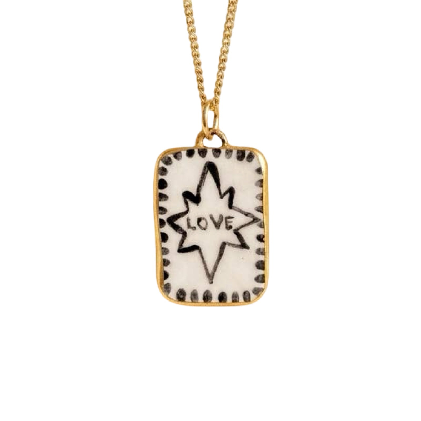 Necklace with a pendant featuring a star and 'LOVE' text on a white background.