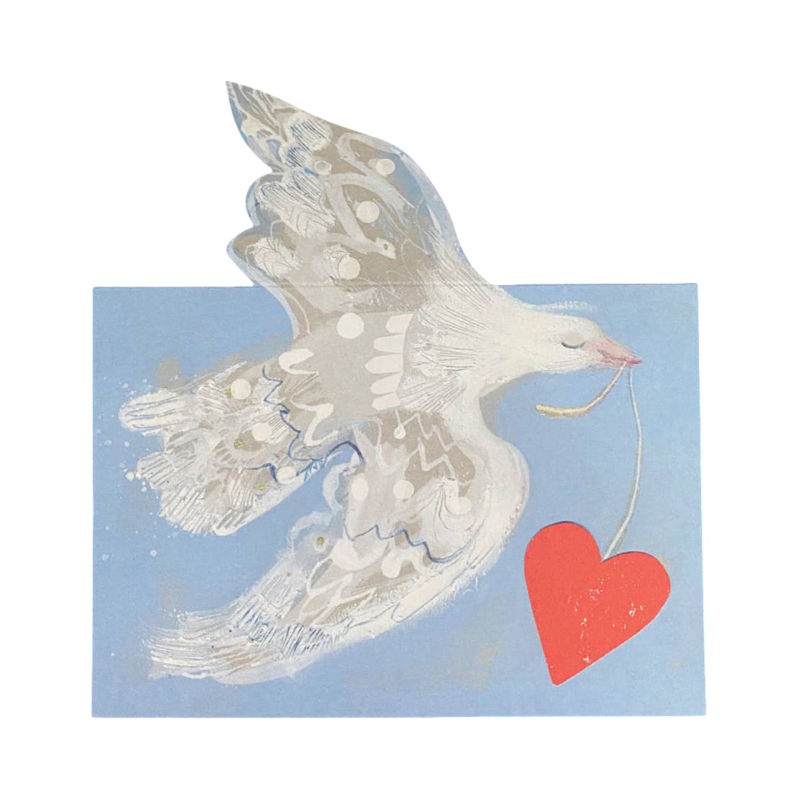 White dove holding a red heart on a light blue background.