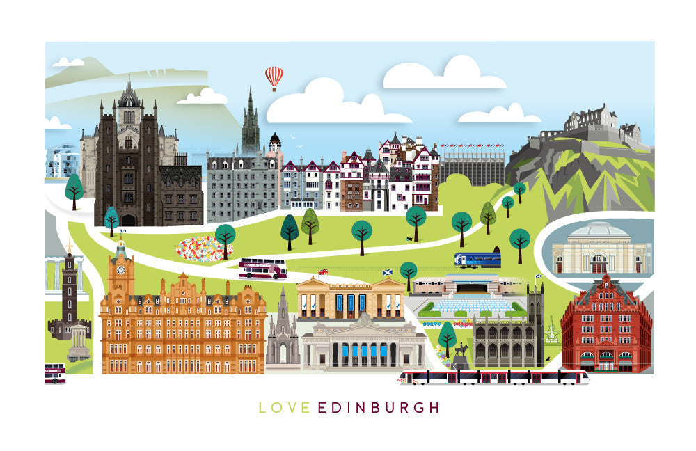 An illustrated postcard depicting various famous Edinburgh landmarks including a castle, garden, and museum, with a blank space for a message and a white envelope.