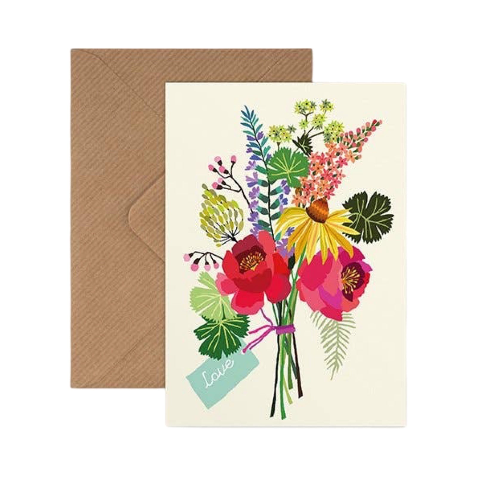 A card featuring a bunch of colourful flowers tied with a red string and a turquoise tag with the word 'Love' all against a cream background with a brown kraft envelope.