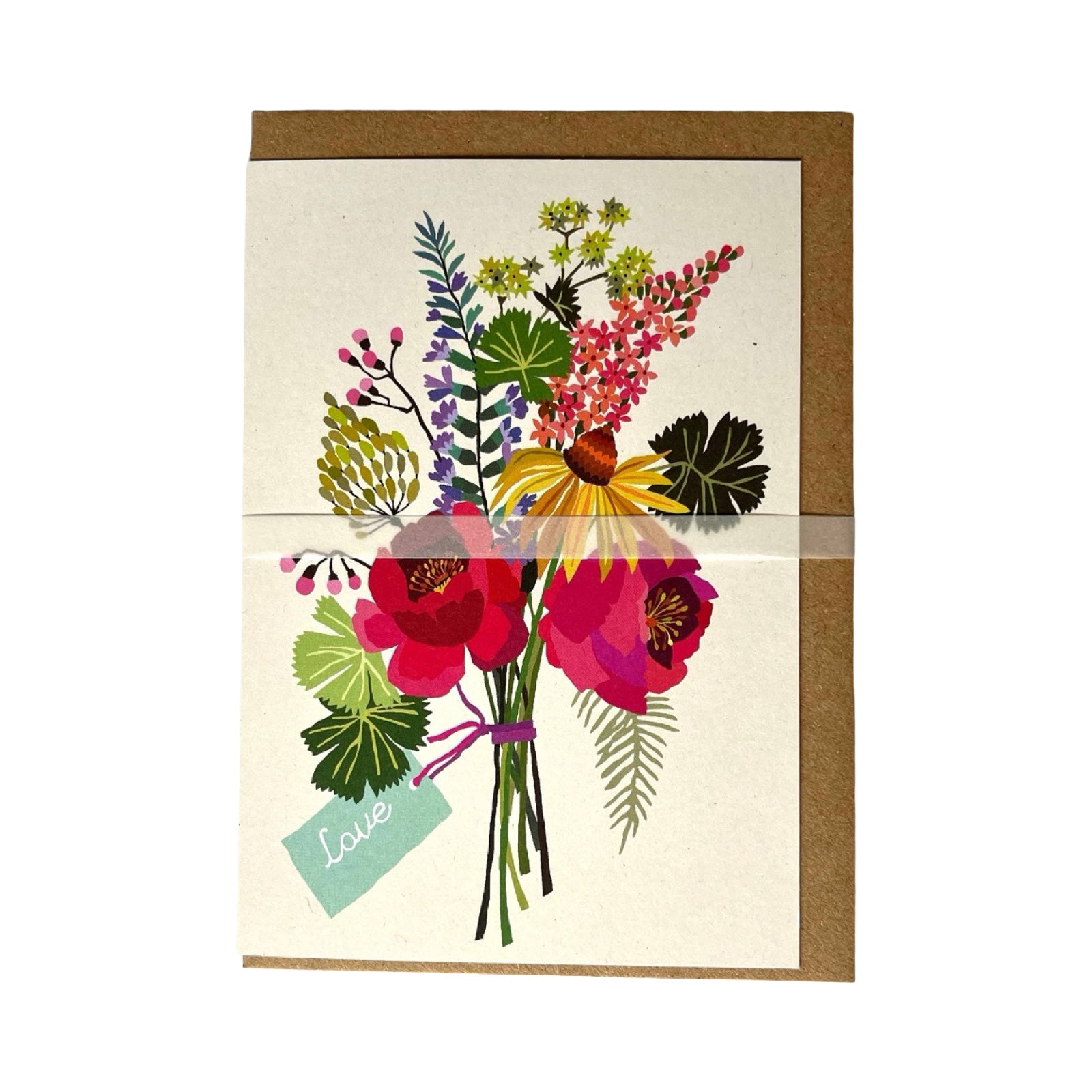 A card featuring a bunch of colourful flowers tied with a red string and a turquoise tag with the word 'Love' all against a cream background