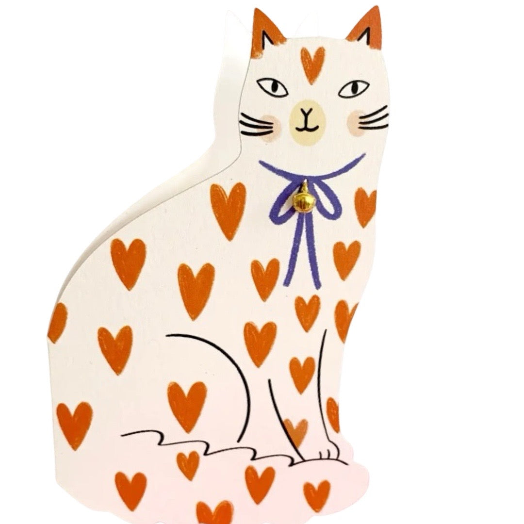 The perfect Valentine's card for any cat lover - an adorable sitting white cat with red love hearts.