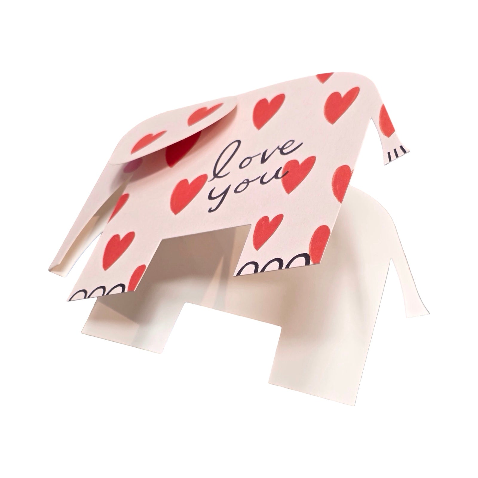 Elephant card with red heart patterns and 'I love you' text on a white background.