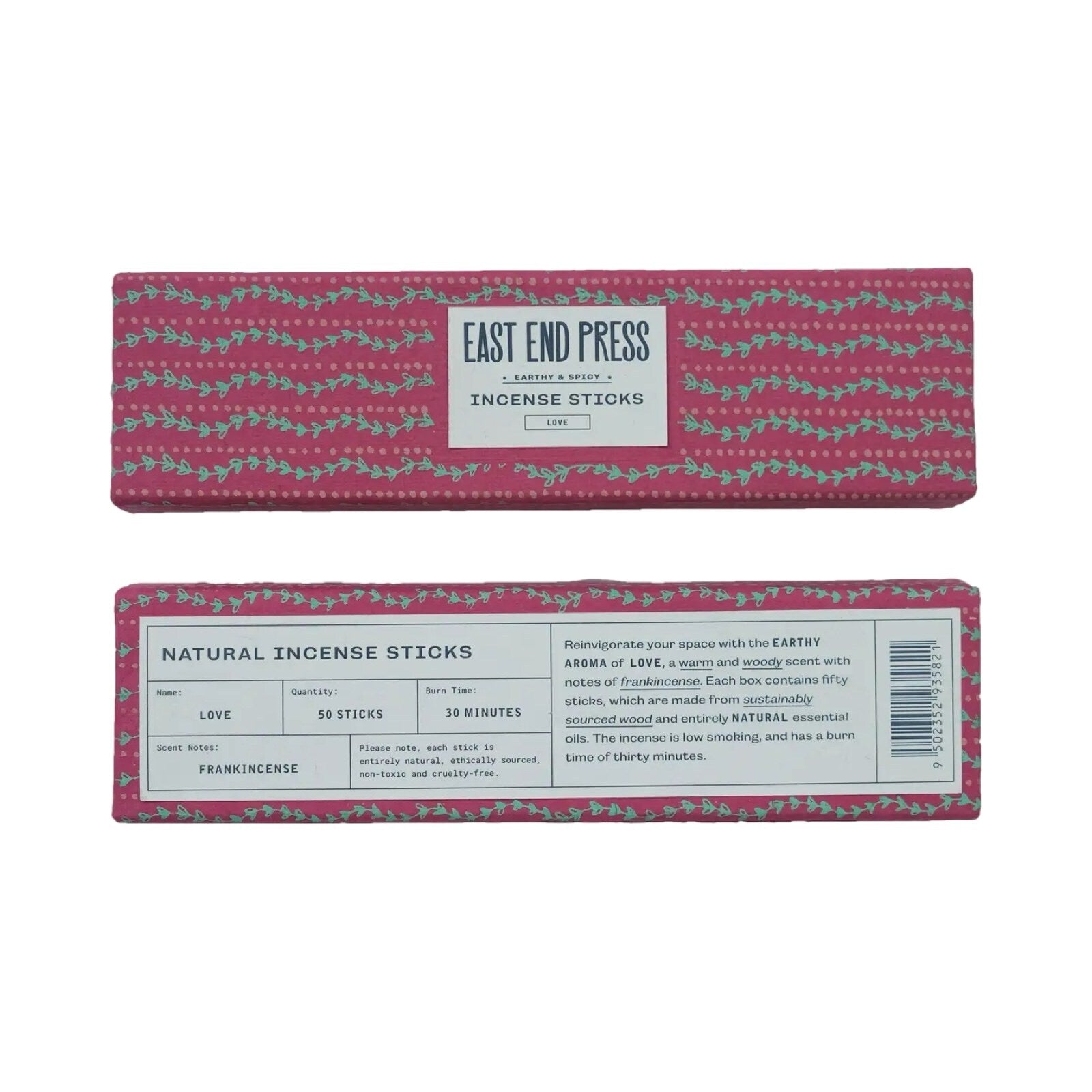 Pink box with green wavy lines holding love incense sticks.