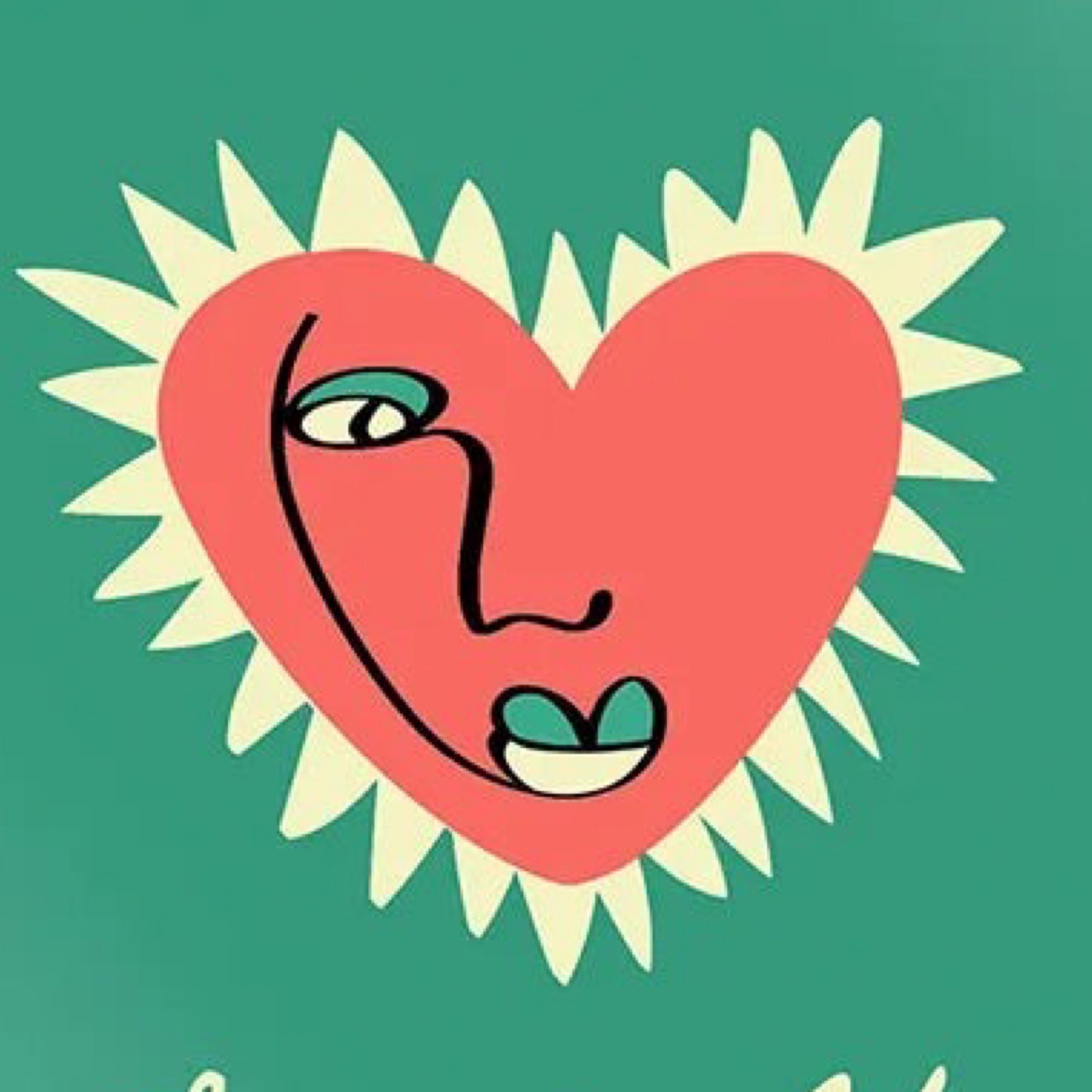 Heart-shaped face with sunburst design on a green background.