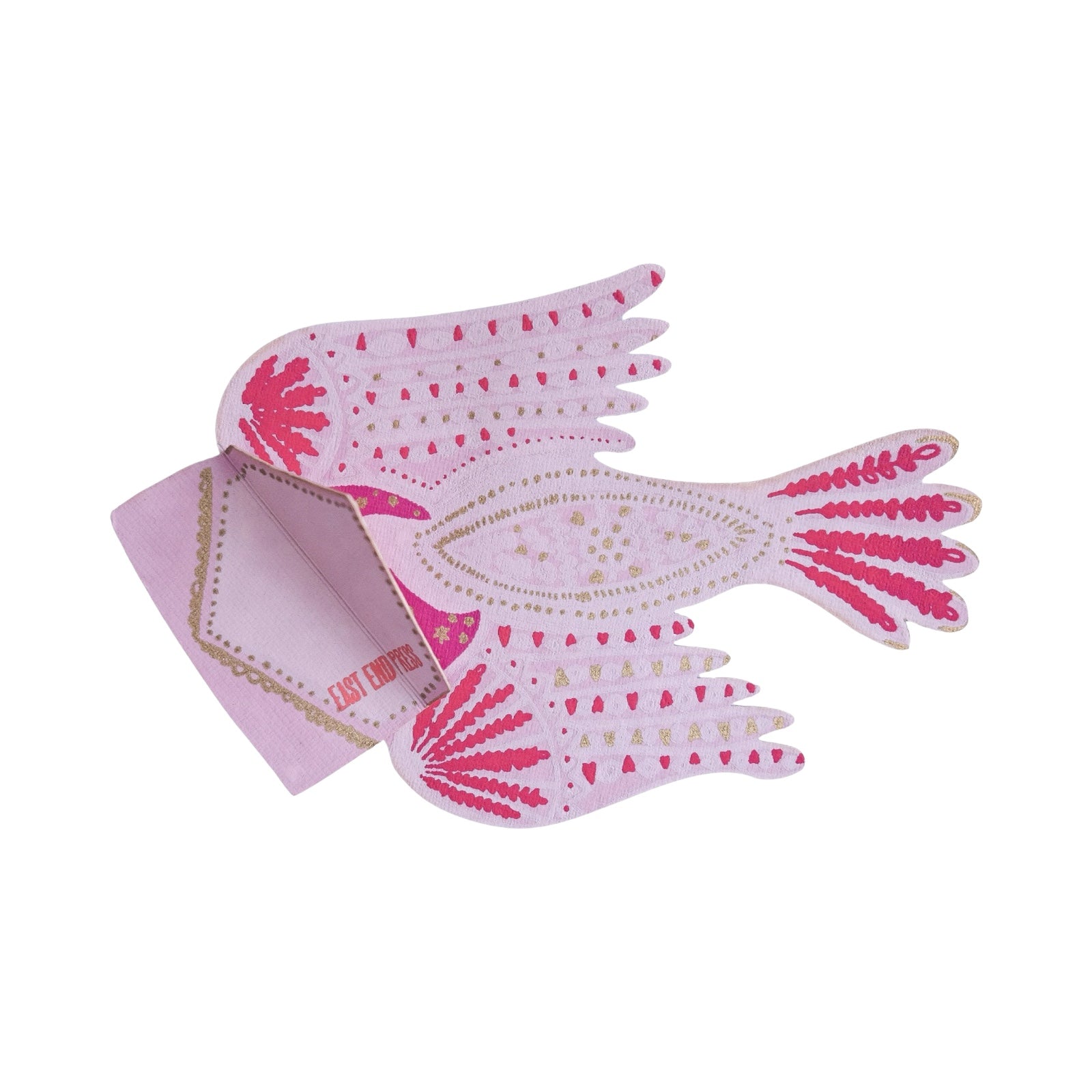 A pink folk bird-shaped card holding an open letter in its mouth for you to write your message.