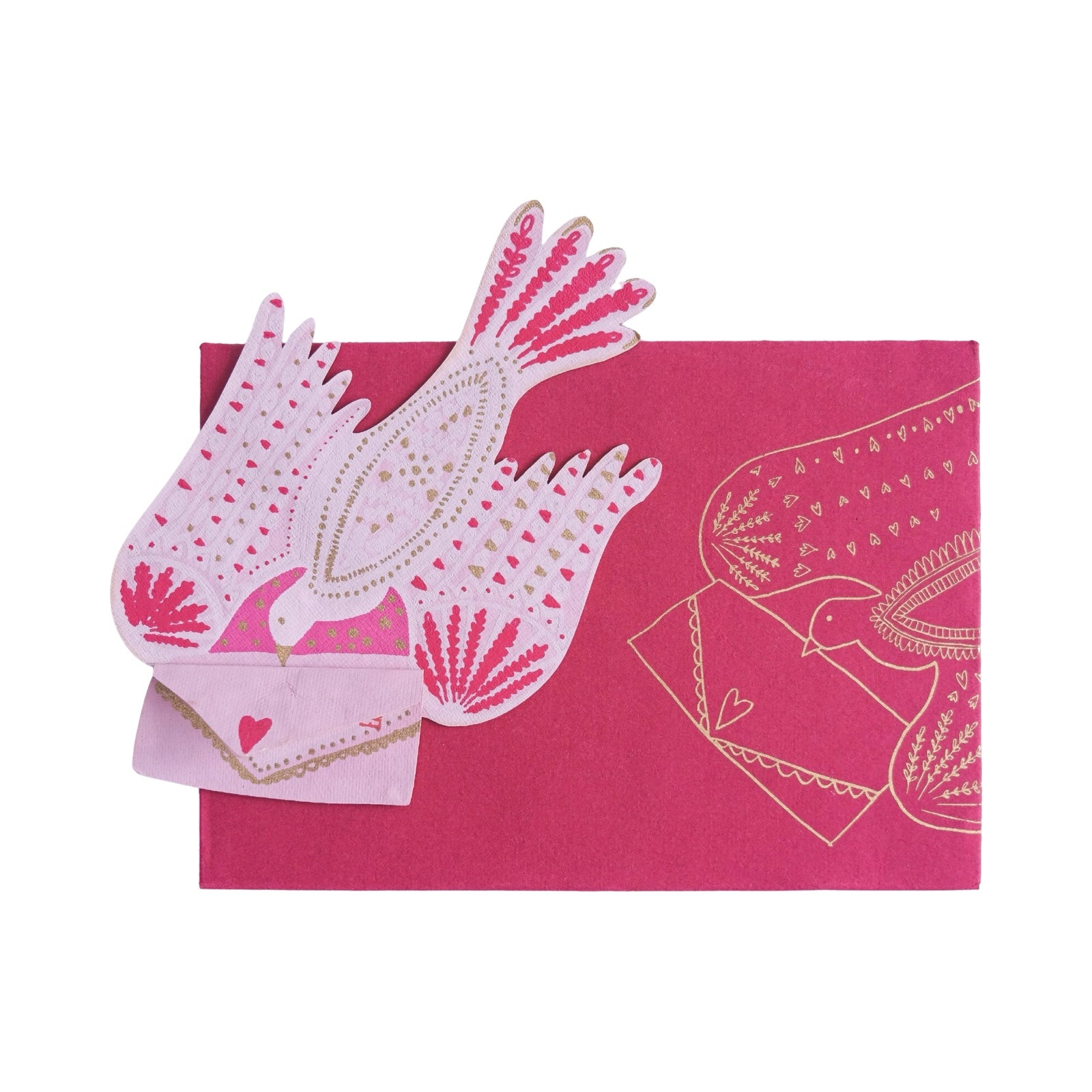 A pink folk bird-shaped card holding a letter in its mouth with a pink envelope.