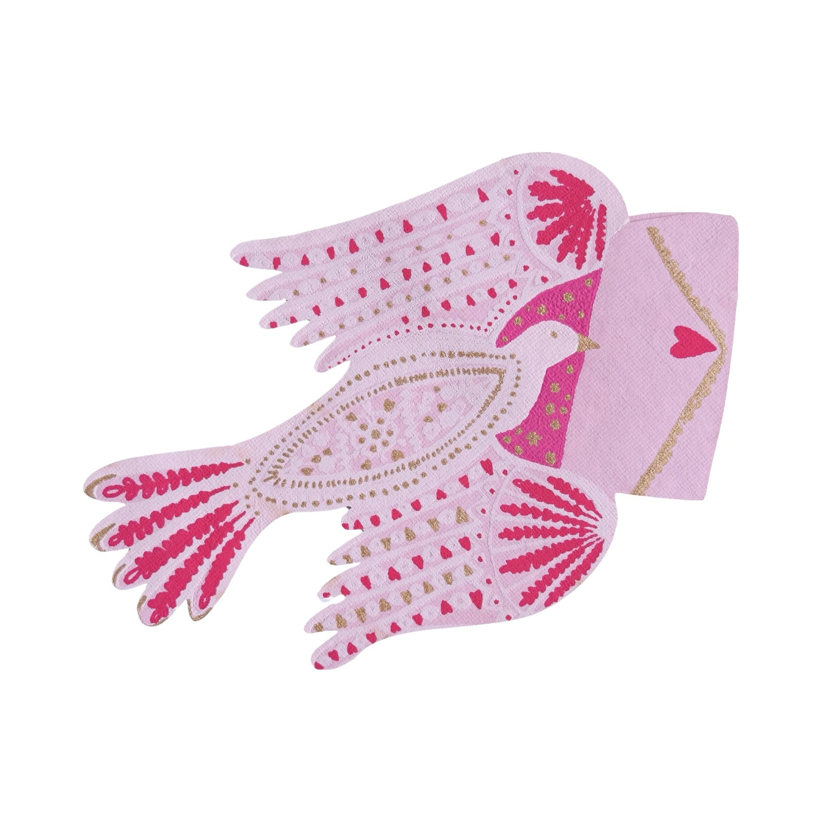 A pink folk bird-shaped card holding a letter in its mouth.