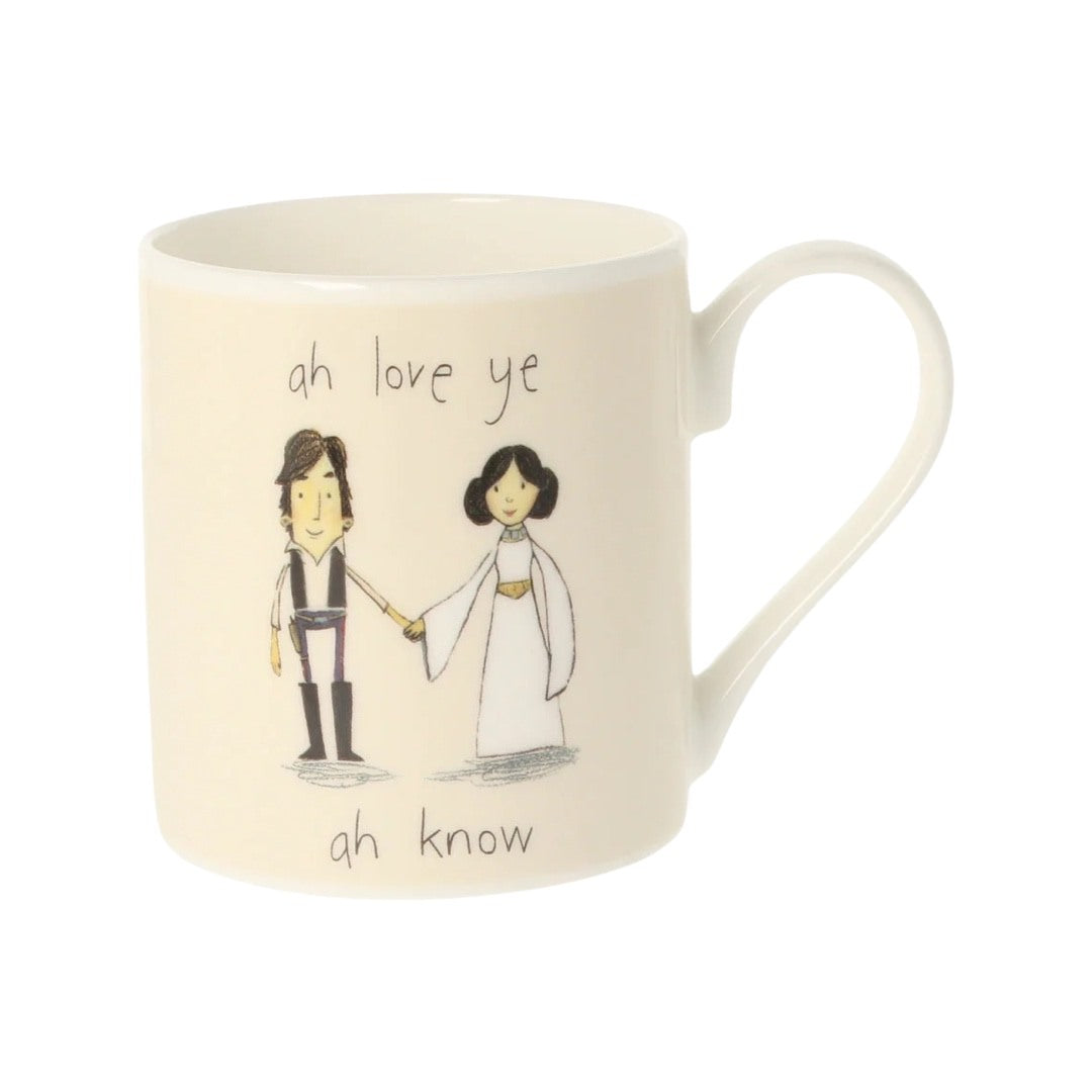 'Ah Love Ye' china mug featuring an illustration of Han Solo and Princess Leia holding hands.