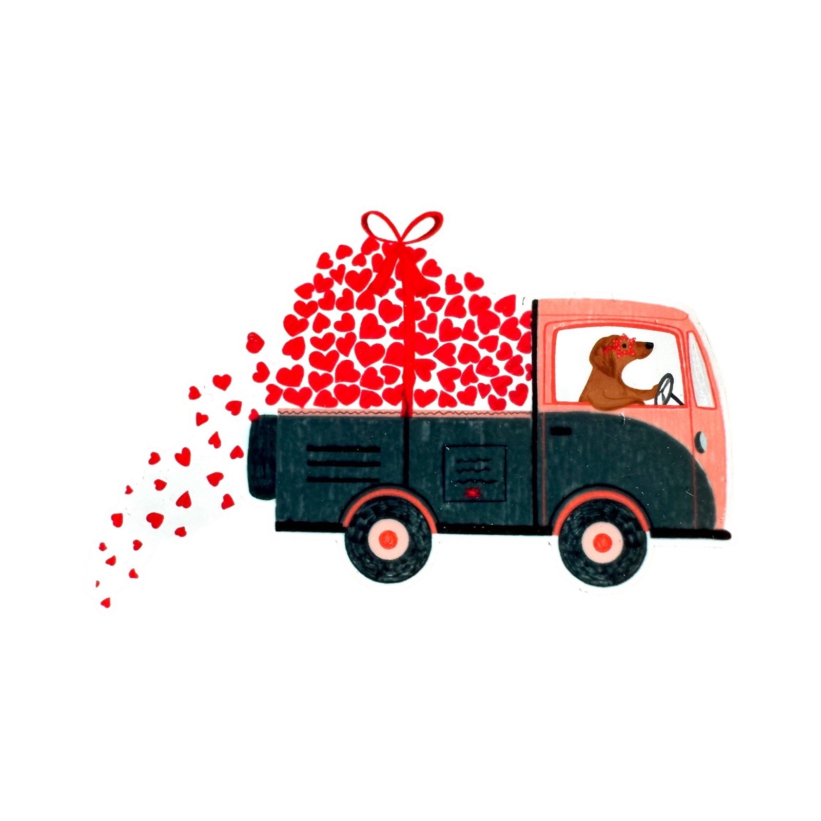 Sticker of a truck with hearts and a dog on a white background.