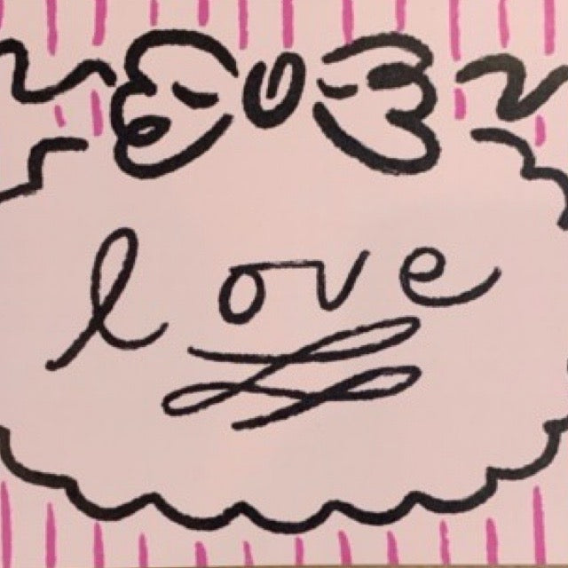 Love and friendship card featuring the text 'Love' in a pink bubble circle with a huge bow on the top, against a pink and deep pink striped background.