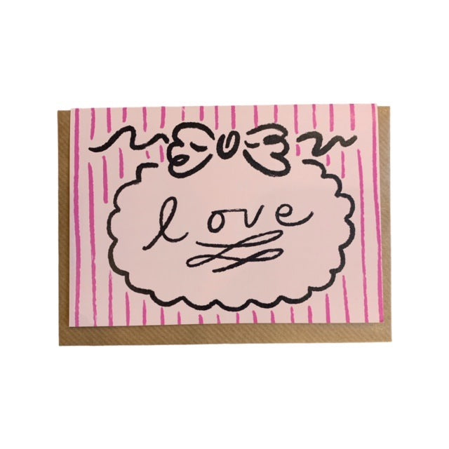 Love and friendship card featuring the text 'Love' in a pink bubble circle with a huge bow on the top, against a pink and deep pink striped background.