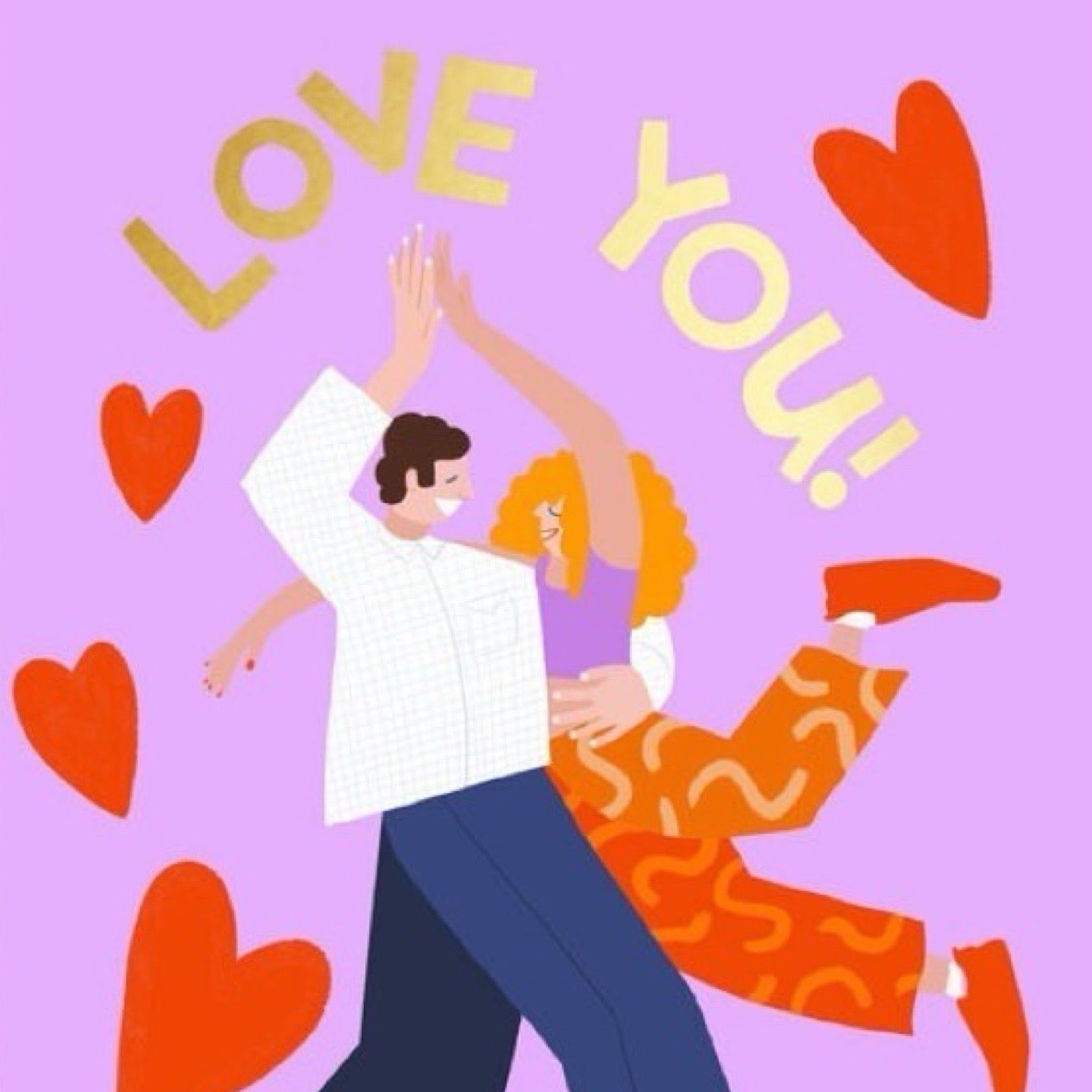 ‘Love You!’ card featuring an illustration of a dancing couple surrounded by love hearts.