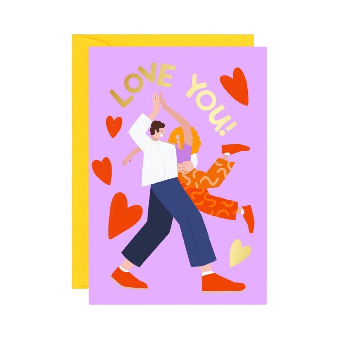 ‘Love You!’ card featuring an illustration of a dancing couple surrounded by love hearts.