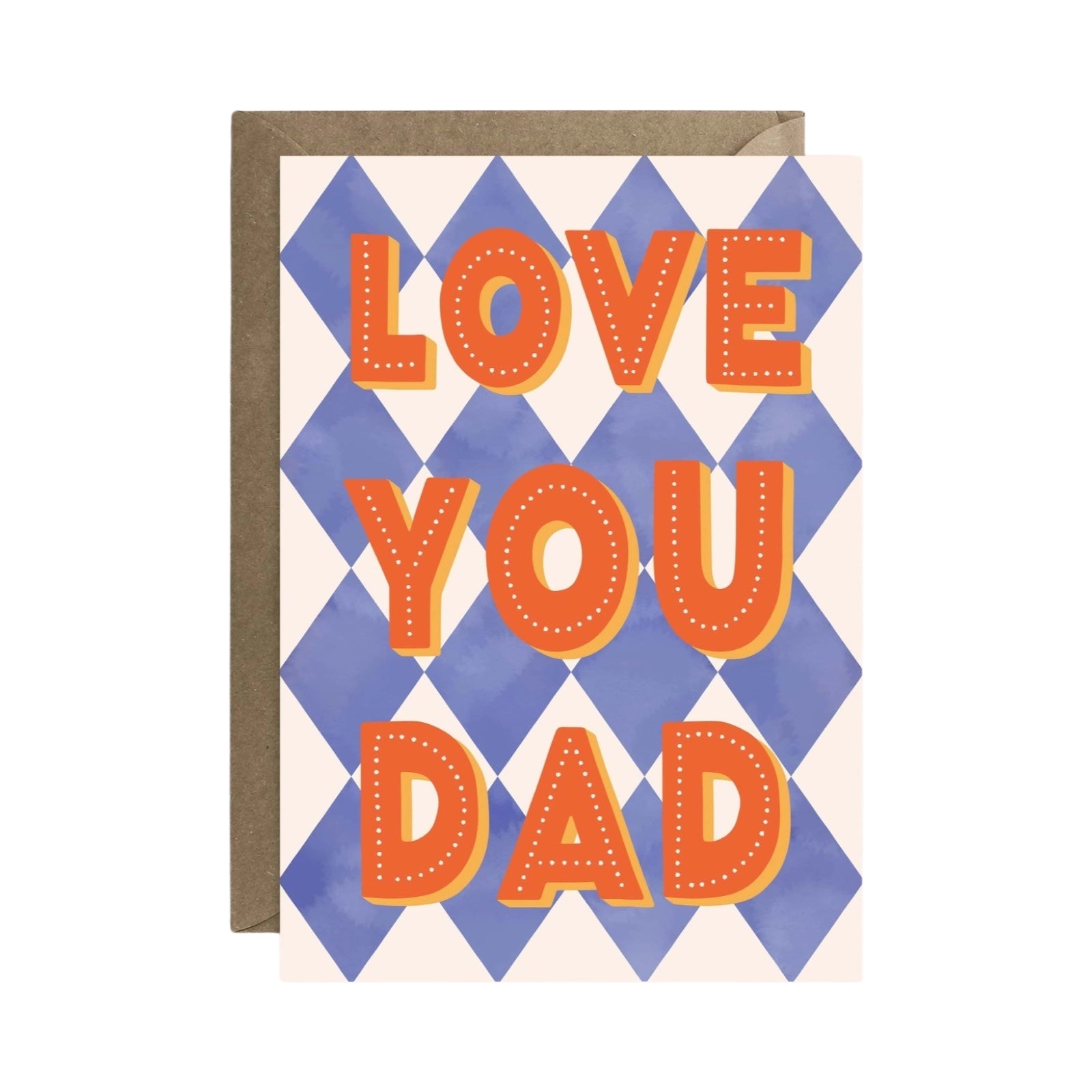 A card for your dad featuring the text "Love You Dad" in red on a blue and white diamond-patterned background