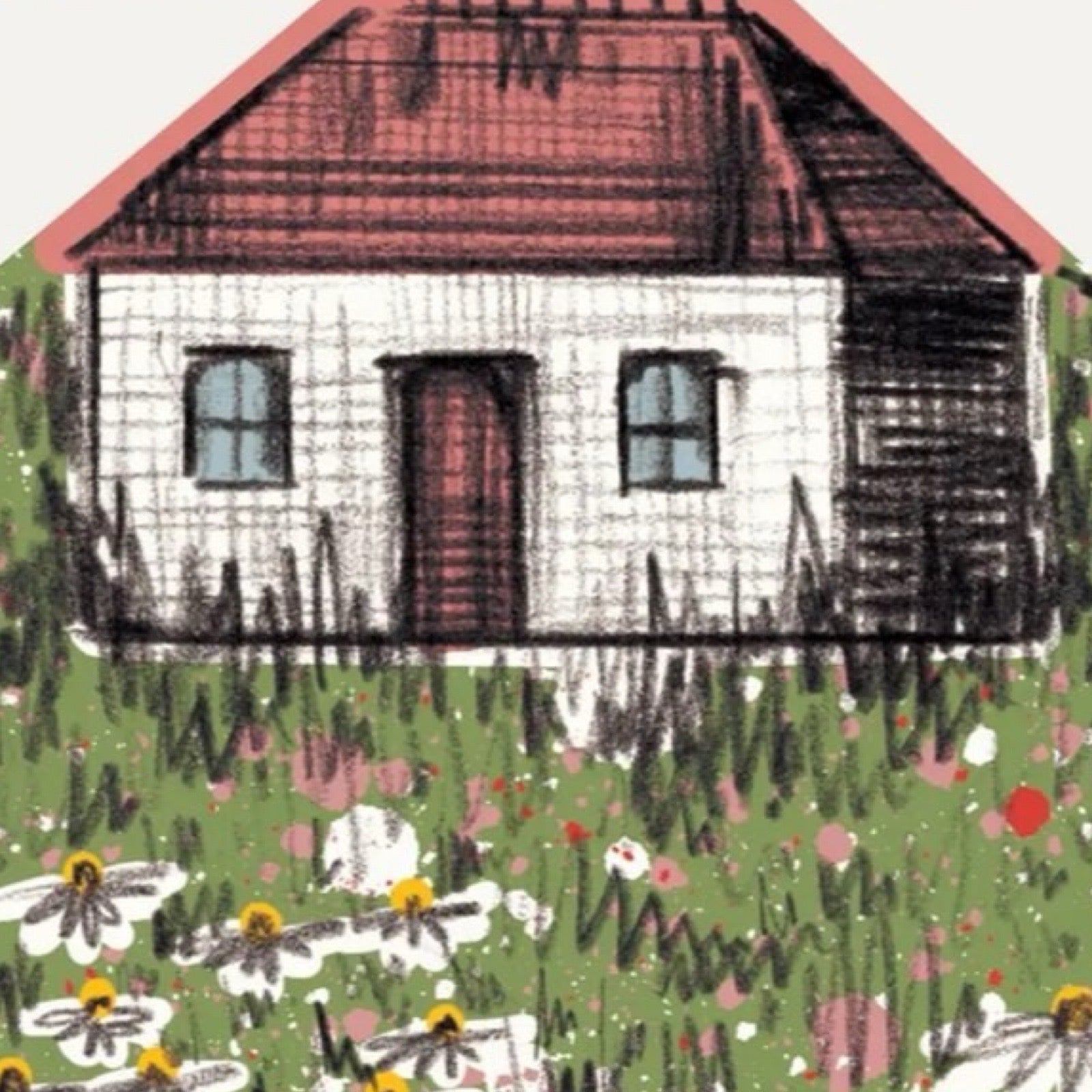 New home card featuring an illustration of a cabin with a red roof and door in a wildflower meadow