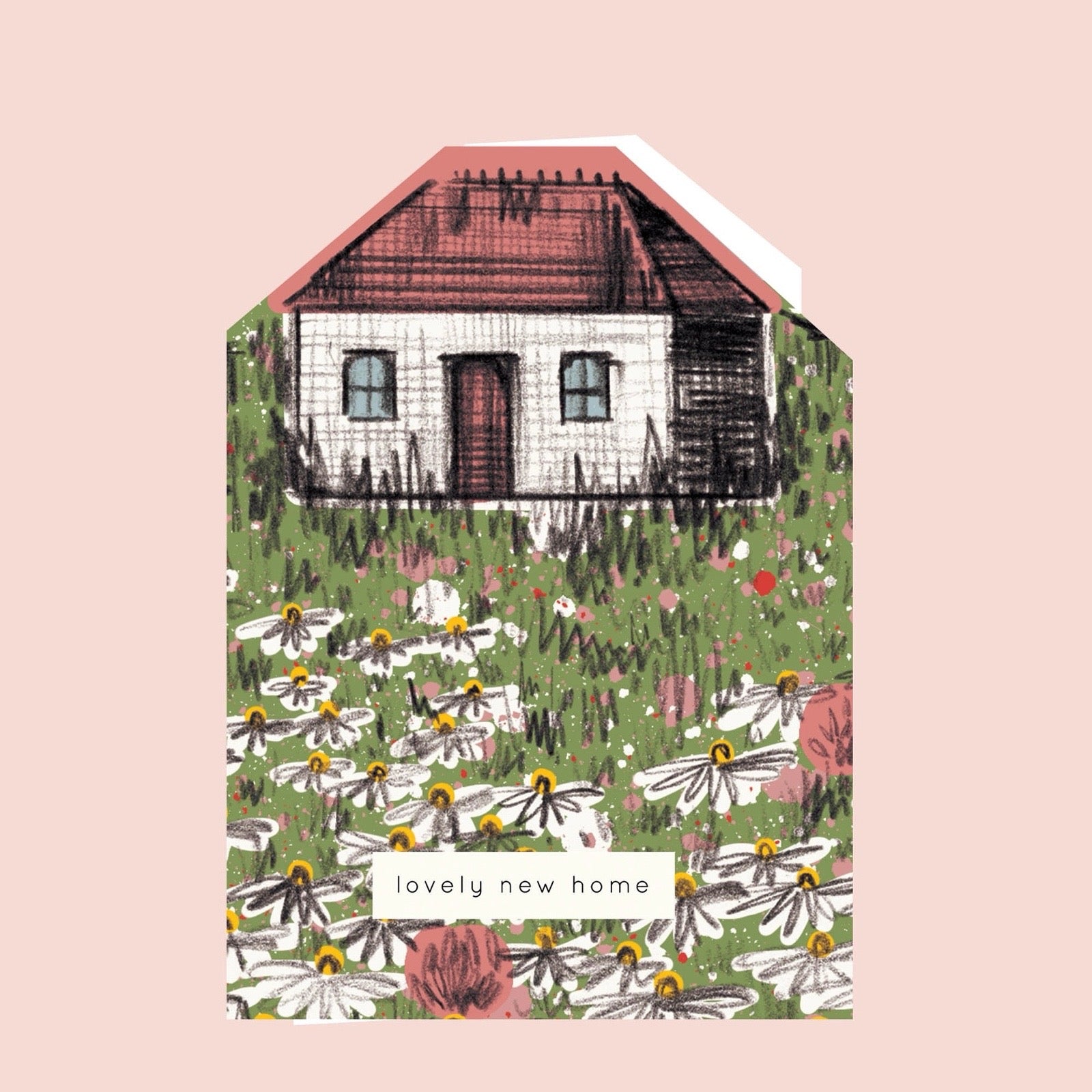 Card with a small house and floral garden design on a pink background.