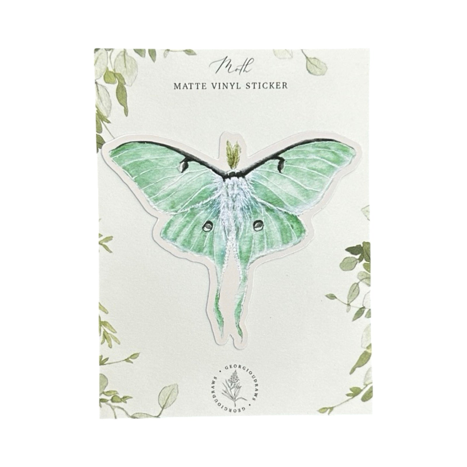 A vinyl watercolour sticker of a green lunar moth.