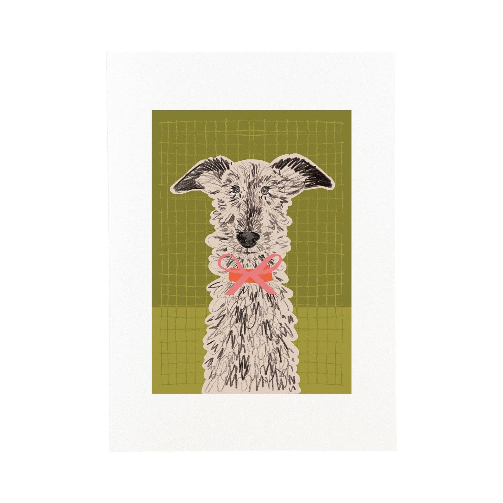 A square art print featuring a stylised illustration of a shaggy dog with black ears and a pink bow tie, set against an olive green grid background with a wide white border.