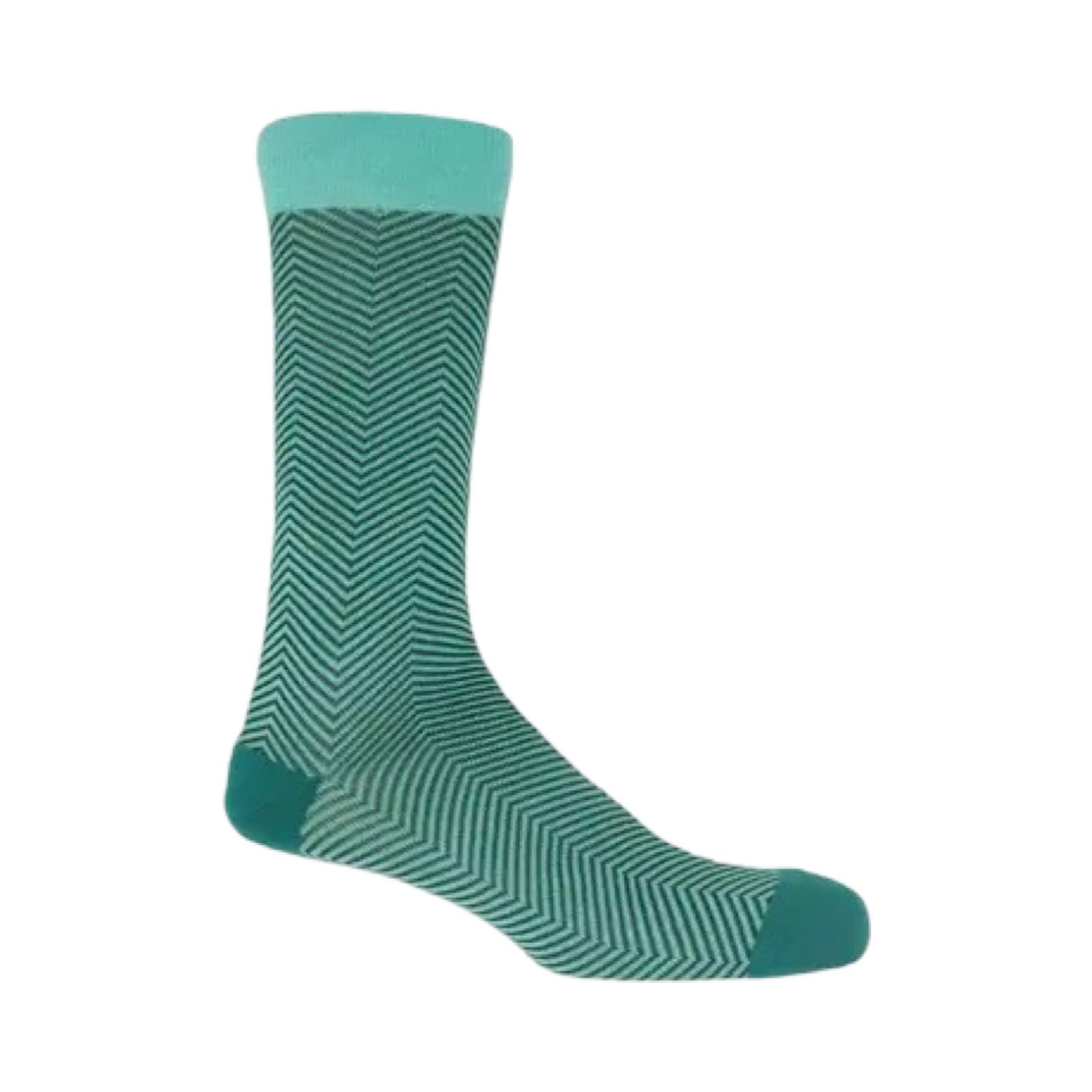 Men's socks with a green background and light green chevrons with a dark green heel and toe and a light green cuff.