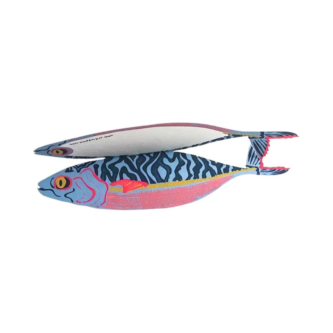 Hand-printed mackerel-shaped pop-up card in shades of blue, pink and yellow open to show a white panel for wrting your messagae.