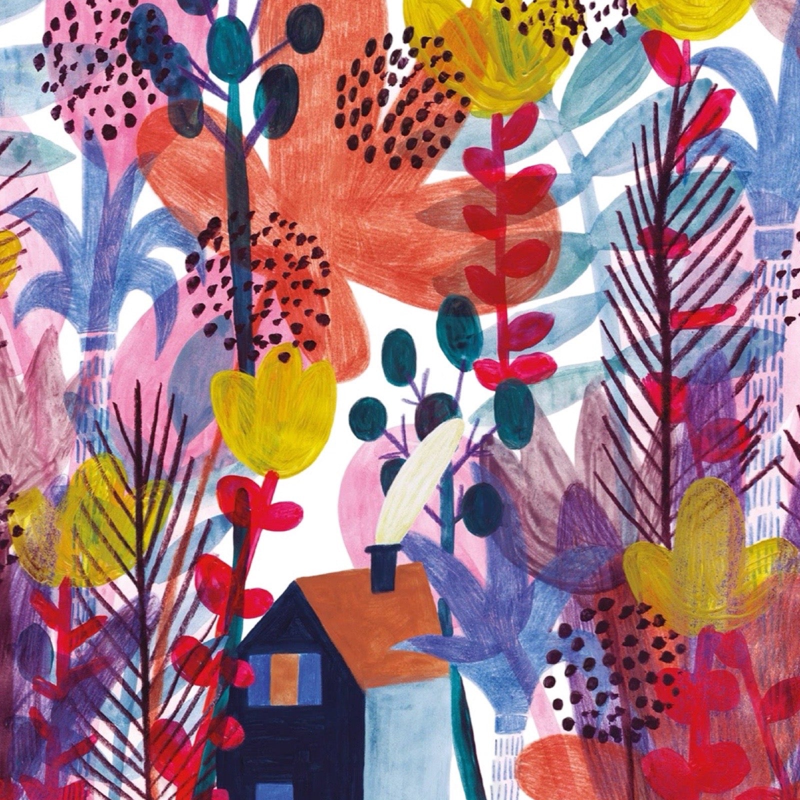 Colourful illustration of a house surrounded by vibrant flowers and plants.