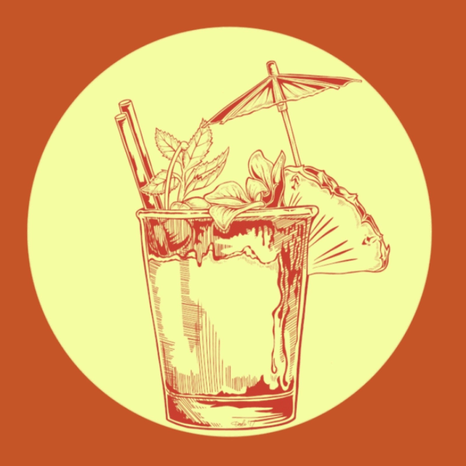 Print featuring a cocktail glass full of delicious Mai Tai complete with a cocktail umbrella, straw and pineapple wedge. The cocktail sits within a yellow circle on an orange background .
