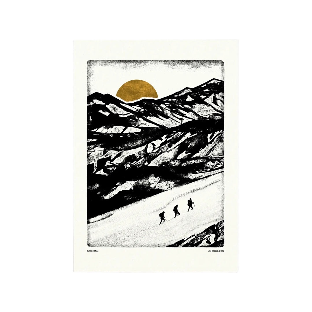 Monochrome print featuring a group of hikers climbing up a mountain in the snow and a mustard-coloured sun setting behind the mountains.