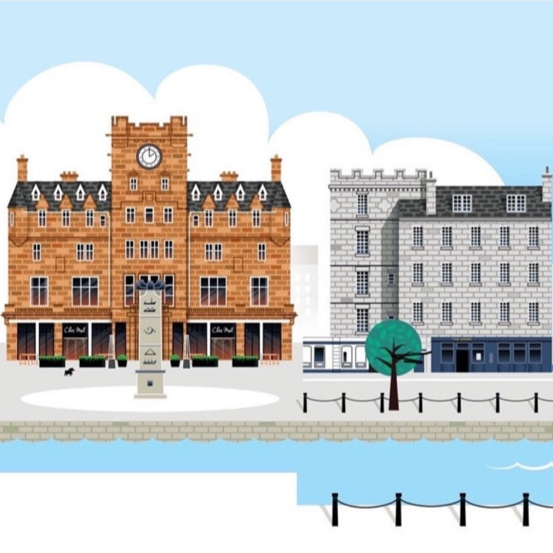 Illustration of two buildings by a body of water with a blue sky.