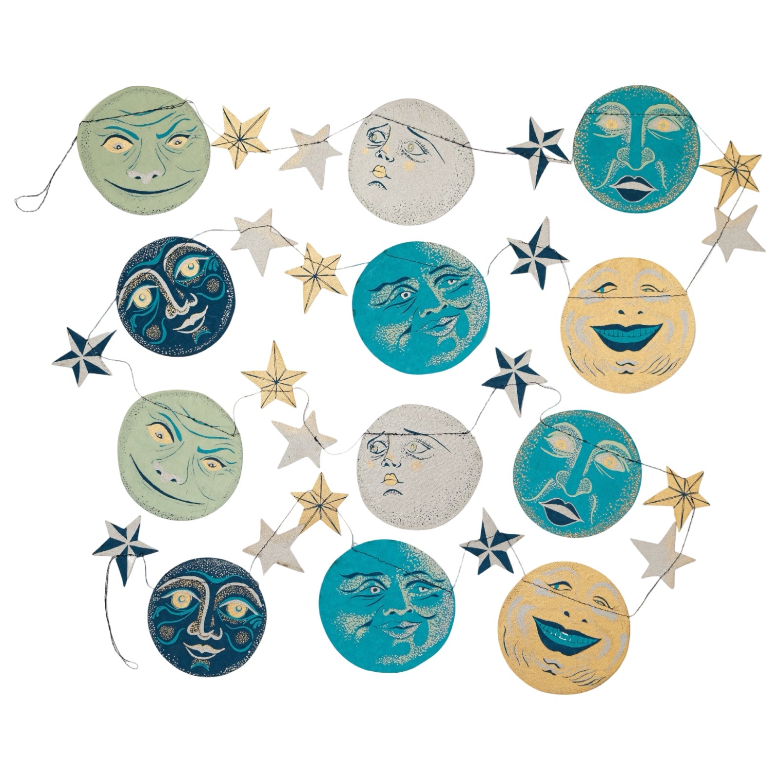 A paper garland with 12 screen printed moon faces and 18 stars, all in gold, silver, teal and navy designs.