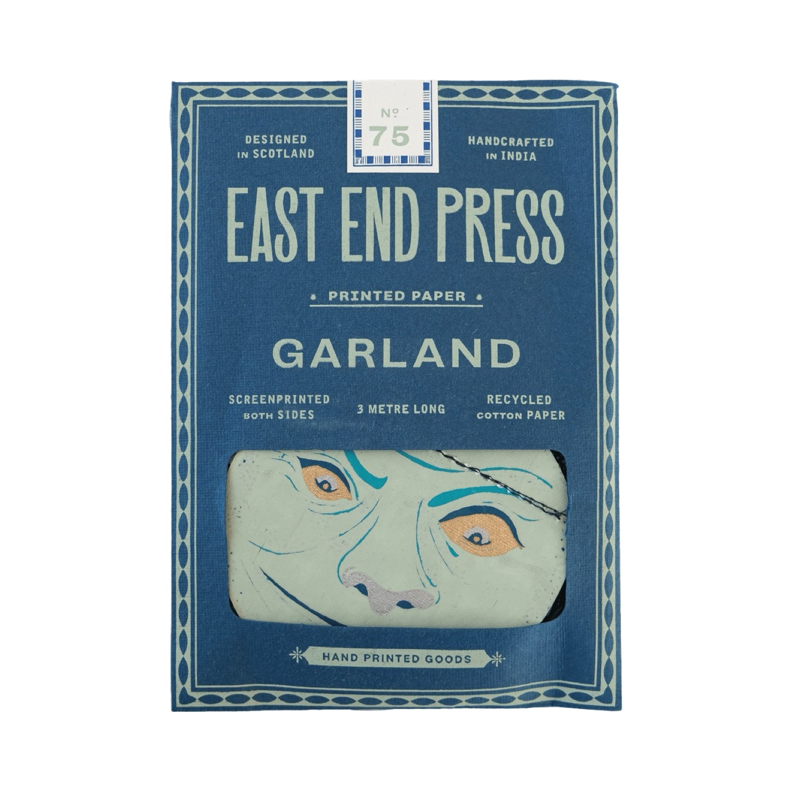 A blue paper packet for a man on the moon paper garland.