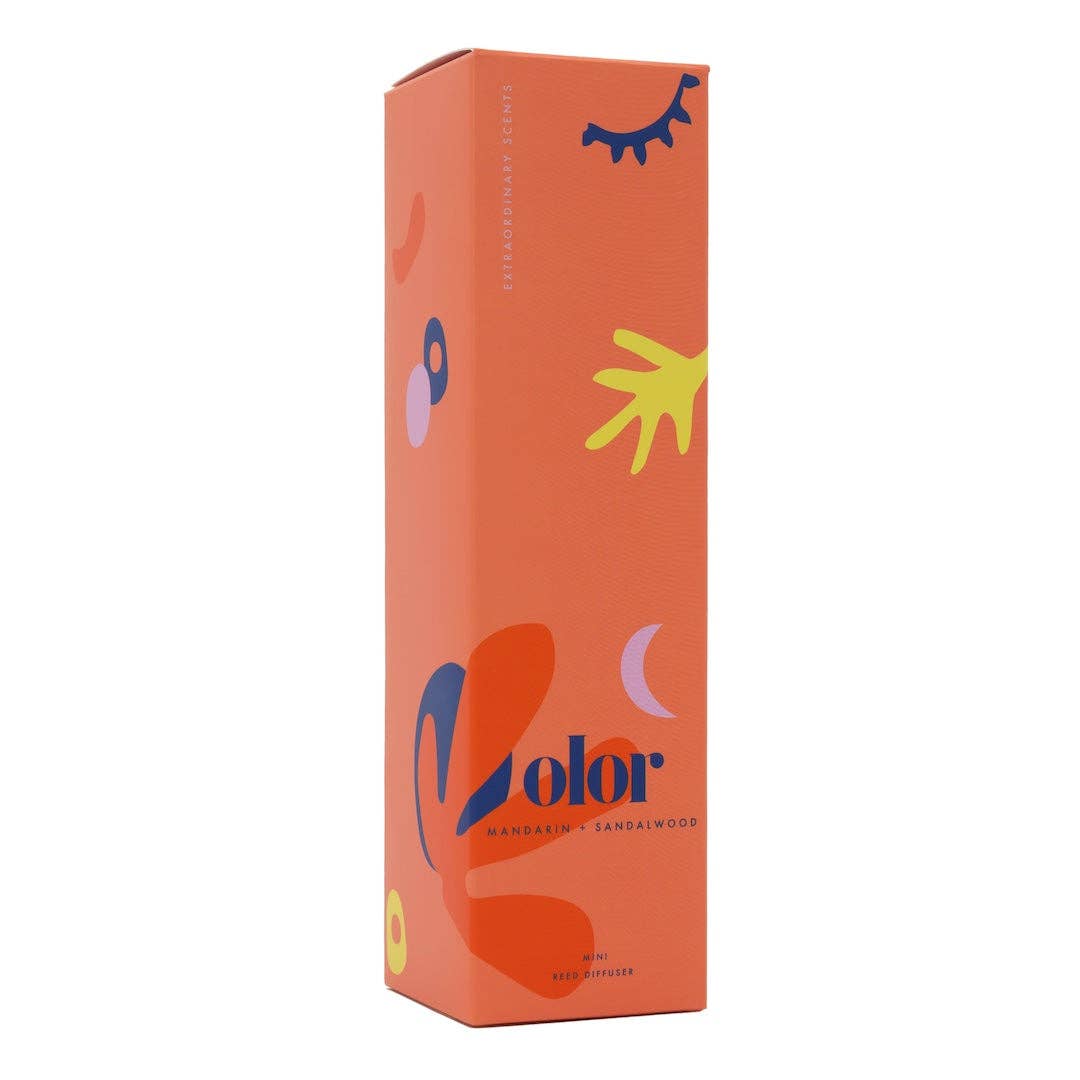 Color brand product packaging with abstract designs on an orange background