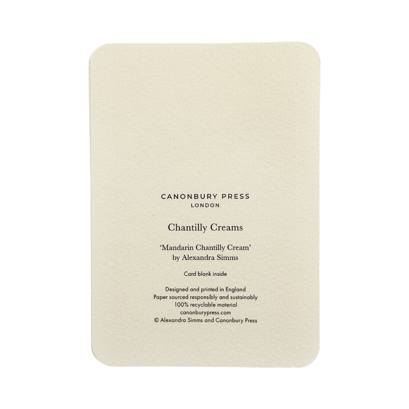 Card with text about Chantilly Creams by Canonbury Press on a white background.