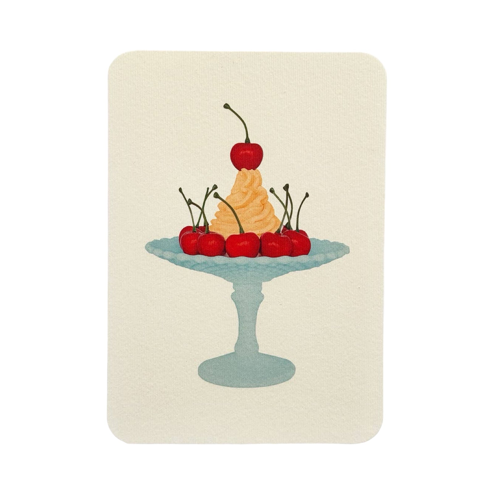 Decorative card with a design of a cream and cherries on a plate.