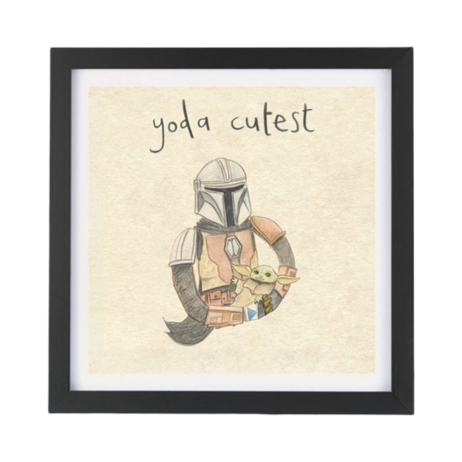 Illustrated framed print of Mando the bounty hunter carrying baby Yoda and the text 'Yoda Best'